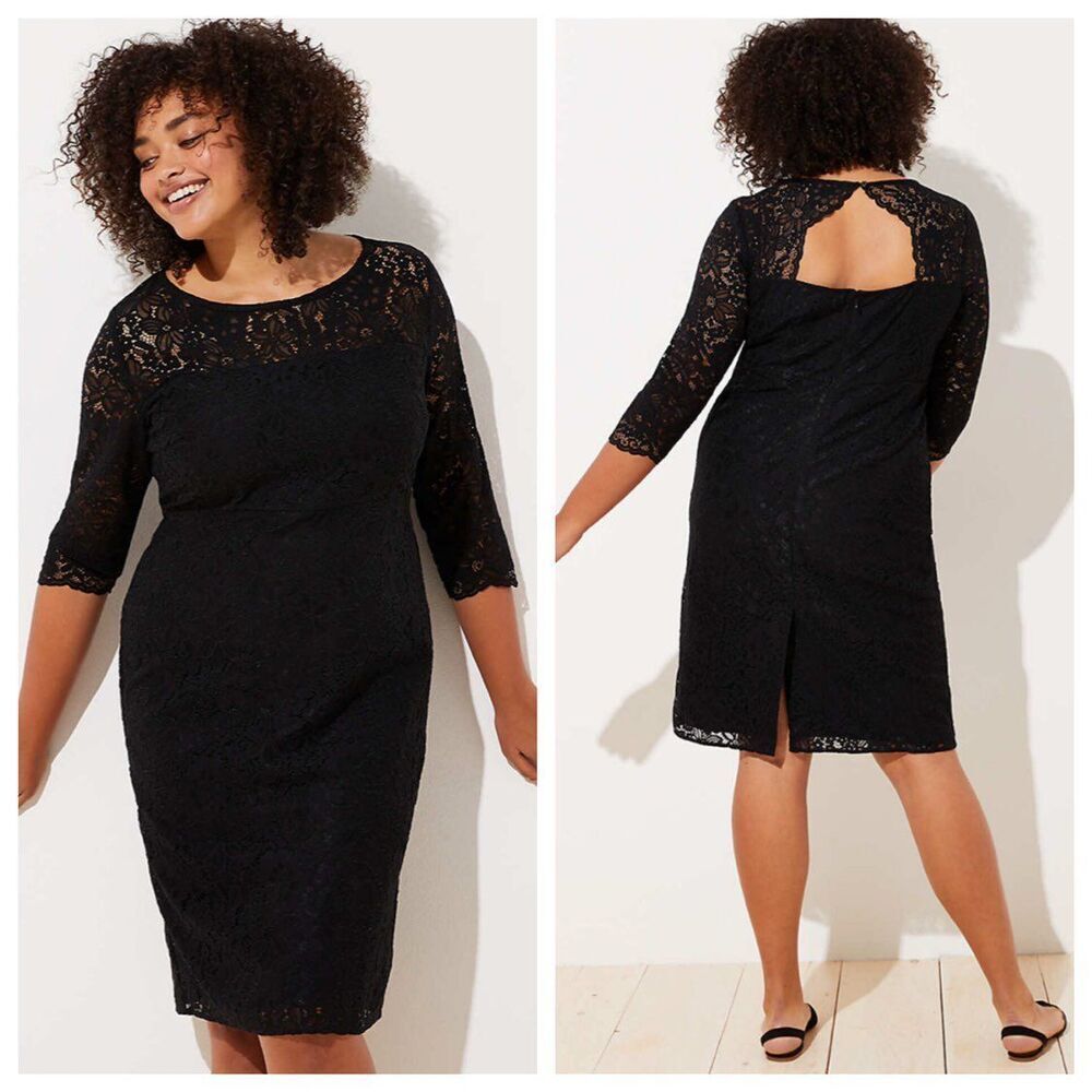 LOFT Black Lace Sheath Dress Size 22 3/4 Sleeve Keyhole Back NWT